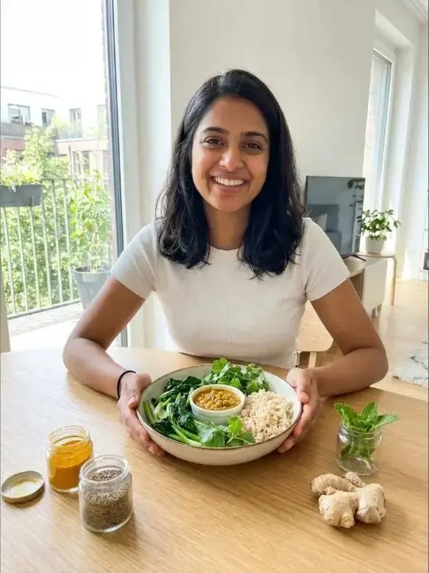 A woman at home, partway through her day
