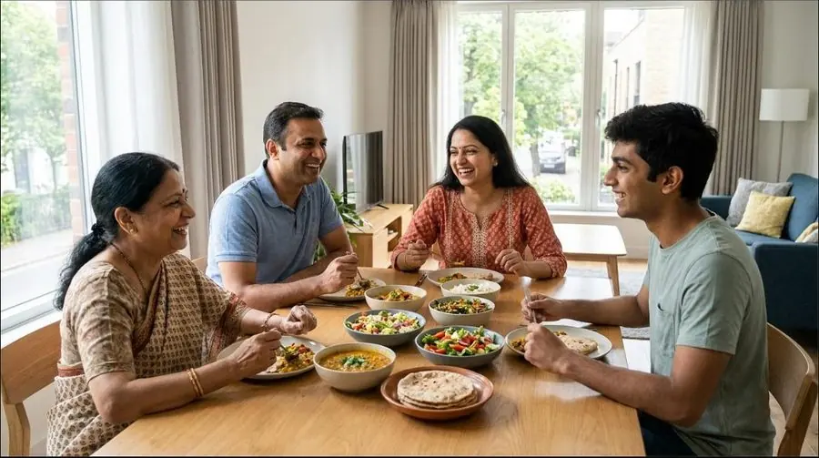 A home-cooked Indian meal laid out